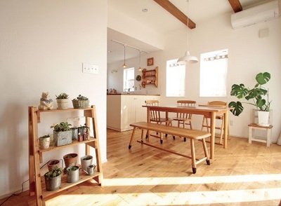 奥様趣味である観葉植物の寄せ植えが並ぶリビングルーム。