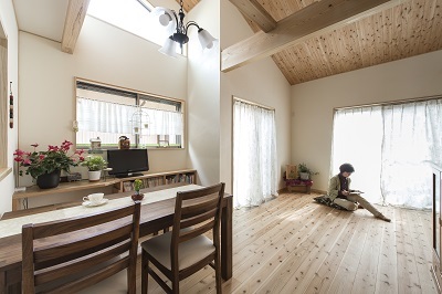 床はペタンと座ってもひんやり感ゼロ。木漏れ日が心地良いリビング。