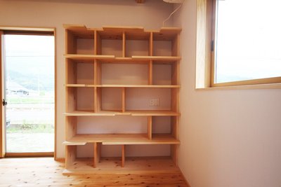 キャットタワーも兼ねた造作棚。高い所が好きなネコ達がストレス解消できる空間です