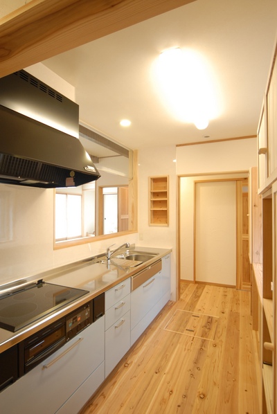 淡い青色のパステルカラーのキッチン。