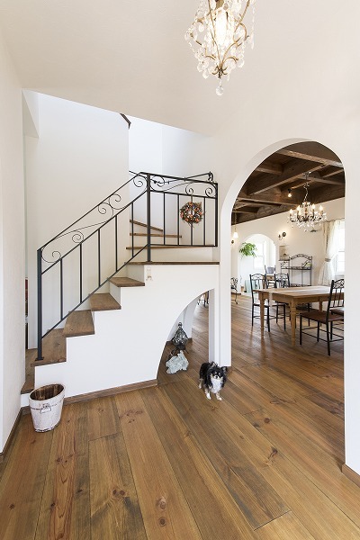 玄関を入るとリビングに続く。階段下のスペースはデイスプレーができるようになっている。