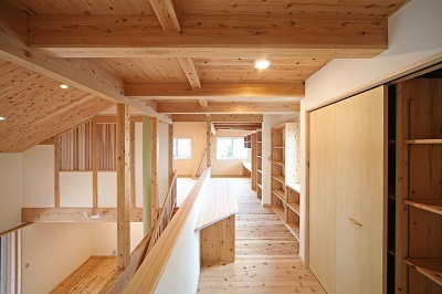 2Ｆのオープンスペースから寝室に向かう廊下には大容量と本棚と収納棚、クローゼットを設置。