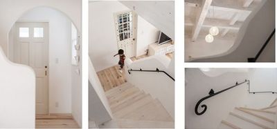 階段のR型の袖壁はフランス漆喰仕上げでやわらかな丸みを表現。アイアンの手すりは、もちろんオリジナル。 階段のR型の袖壁はフランス漆喰仕上げでやわらかな丸みを表現。アイアンの手すりは、もちろんオリジナル。