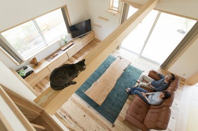 梁で過ごす猫ちゃんを見守れるリビング。