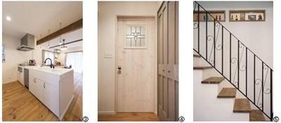 ③キッチンは造作です。天板はホワイトのタイルの中にところどころポイントにグレーのタイルを貼っています。
④リビングドアもご購入頂いたステンドグラスと、アンティークのドアノブを付けて造作しました。
⑤階段手摺もオリジナルです。 ③キッチンは造作です。天板はホワイトのタイルの中にところどころポイントにグレーのタイルを貼っています。
④リビングドアもご購入頂いたステンドグラスと、アンティークのドアノブを付けて造作しました。
⑤階段手摺もオリジナルです。