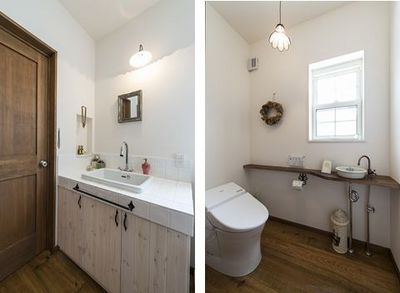 「広くしたい」とご希望された洗面台。アイアンのタオルハンガーや取手もオリジナル。