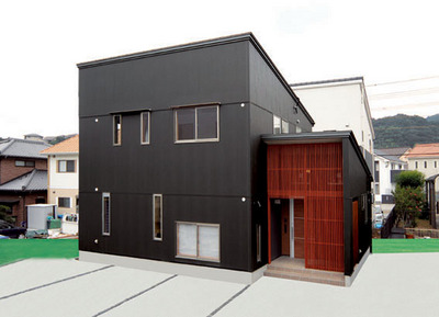 ボックス型でブラックカラーというシンプルさを追求した外観。<br />
アクセントとして設けた玄関入口の縦格子が、温もりを添えてくれます。