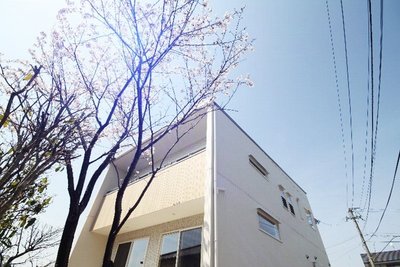 桜の木にとても似合う爽やかな外観