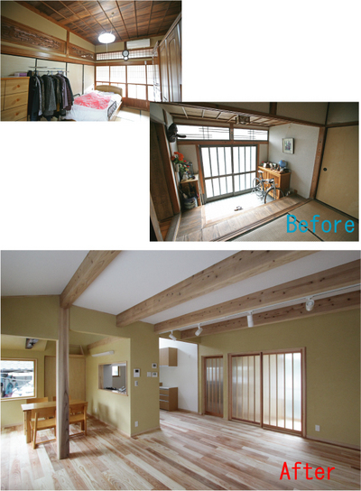 日当たりの良い和室・玄関をLDKに変更。
空間にアクセントを付ける為、無垢の梁をあらわし仕上げにしました。