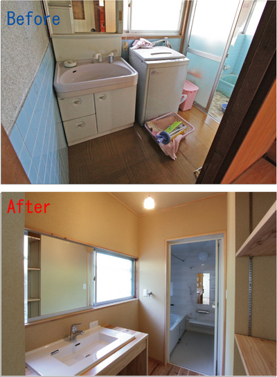 造作の洗面所。窓をつぶさずにスライド式のミラーを設置。 造作の洗面所。窓をつぶさずにスライド式のミラーを設置。